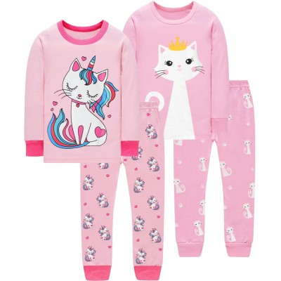 FEDPOP Girl Pajama Set 4-Piece Cotton Long Sleeve Casual Sleepwear Pink Clothes for Kids